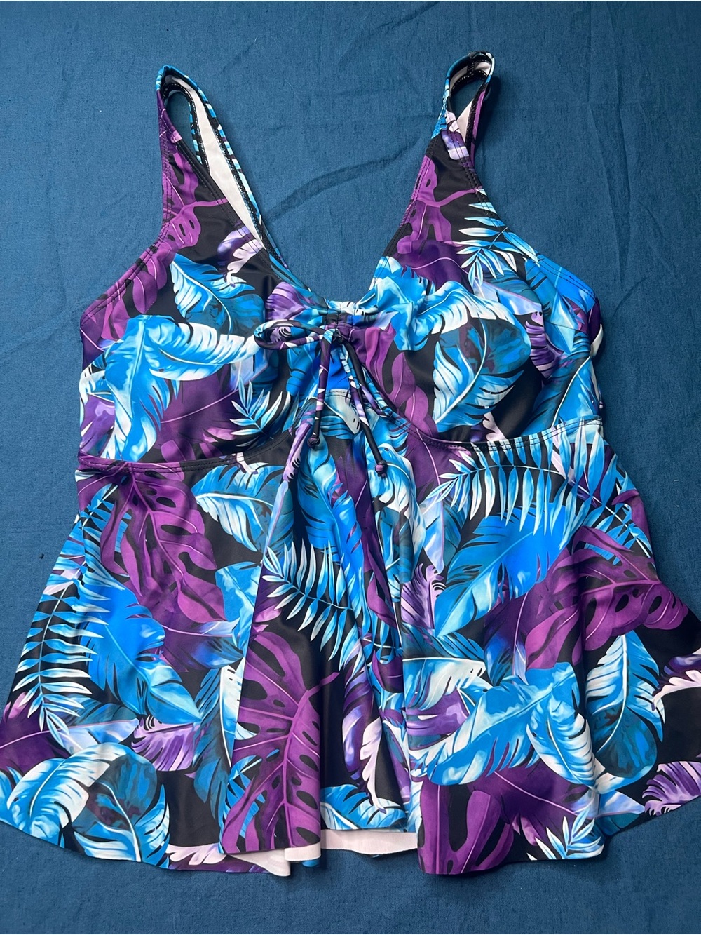 Tropical Blue & Purple Swim Tankini Top with Tie Front